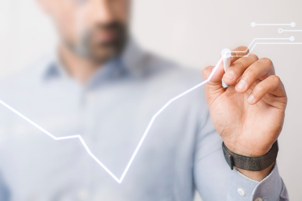 man giving business presentation using futuristic digital pen